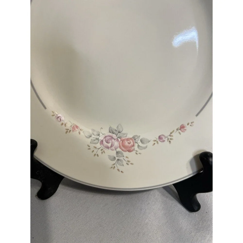 Pfaltzgraff Trousseau 8” Salad Plate Ivory Flower Roses Gray Band